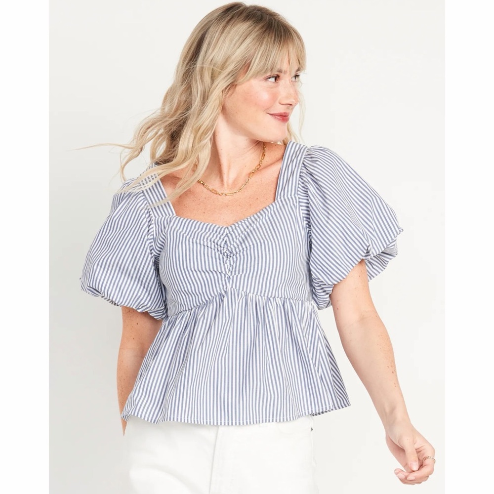 Old Navy Blue and White Smocked Puff Sleeve Blouse